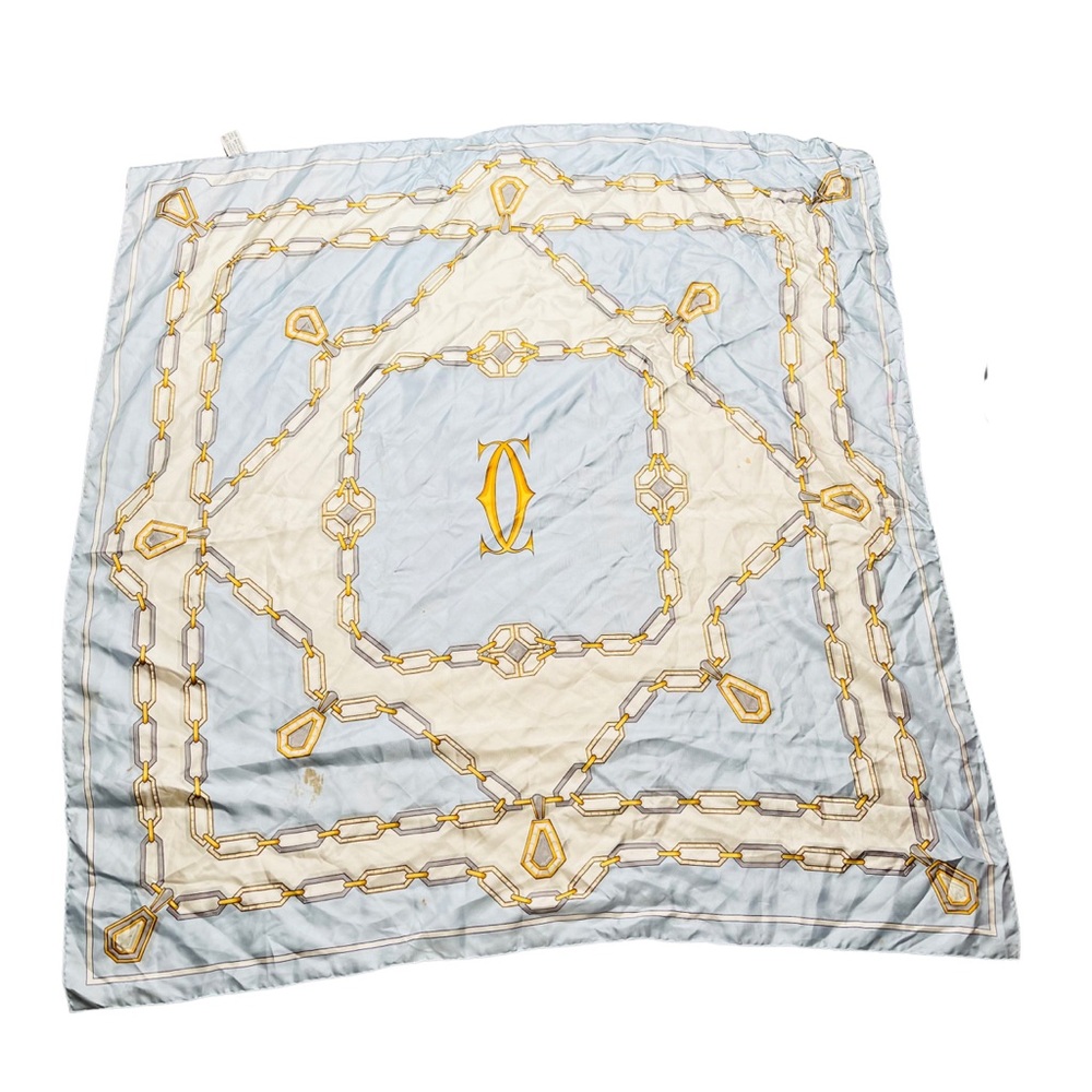 Cartier VTG Silk Chain Print Baby Blue Scarf